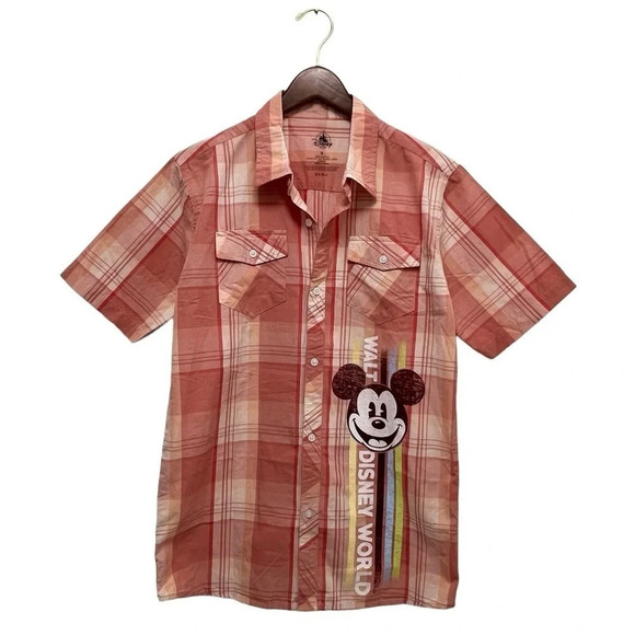 Disney Parks Plaid Button-Down Collared Mickey Mouse Shirt Men’s Size S Orange - Picture 2 of 6